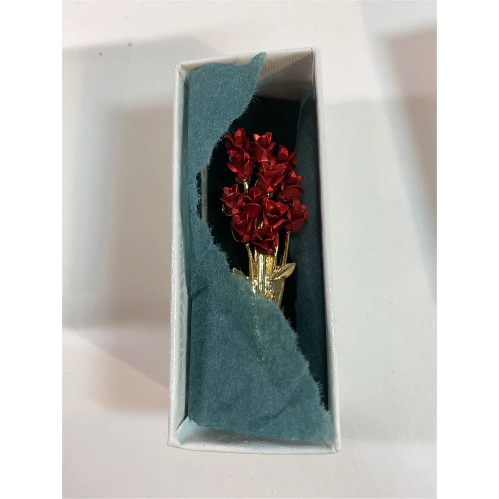 Gold Tone Metal Red Roses Flowers Bouquet Brooch Pins New~set Of Two Vtg Mothers